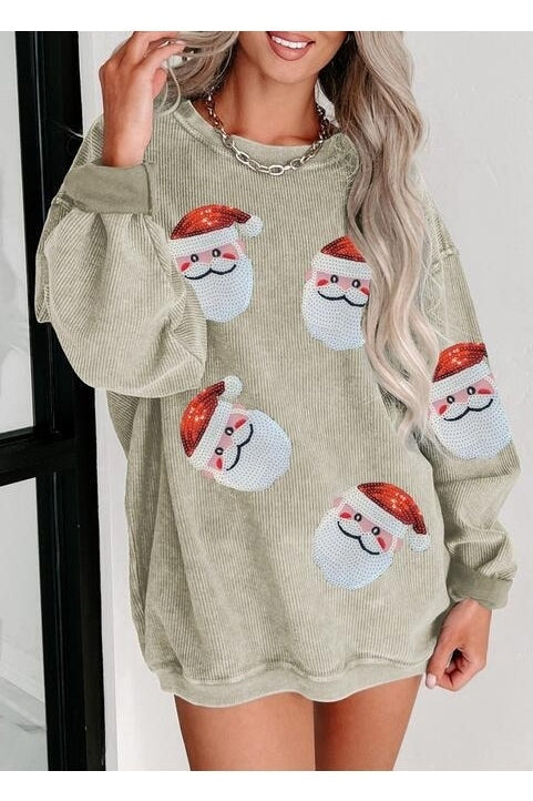 Women Sequin Santa Patch Ribbed Christmas Sweatshirt nicholesgifts