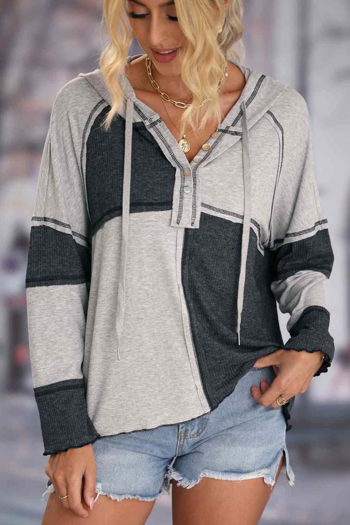 Women Exposed Seam Color Block Hoodie with Drawstring