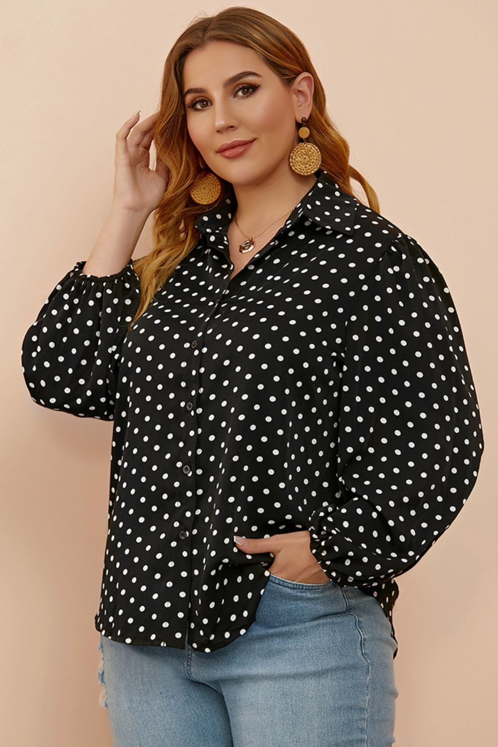 Plus Size Women Black Polka Dot Balloon Sleeve Shirt - NicholesGifts.online