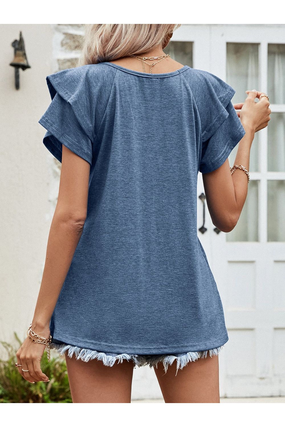 Women Layered Flutter Short Sleeve V-Neck Top nicholesgifts