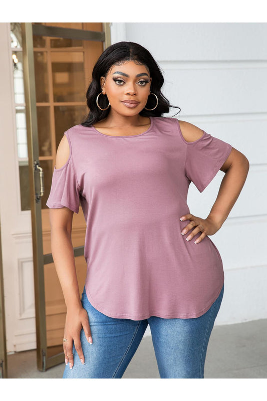 Plus Size Women Dusty Pink Cold-Shoulder Round Neck Curved Hem Top nicholesgifts