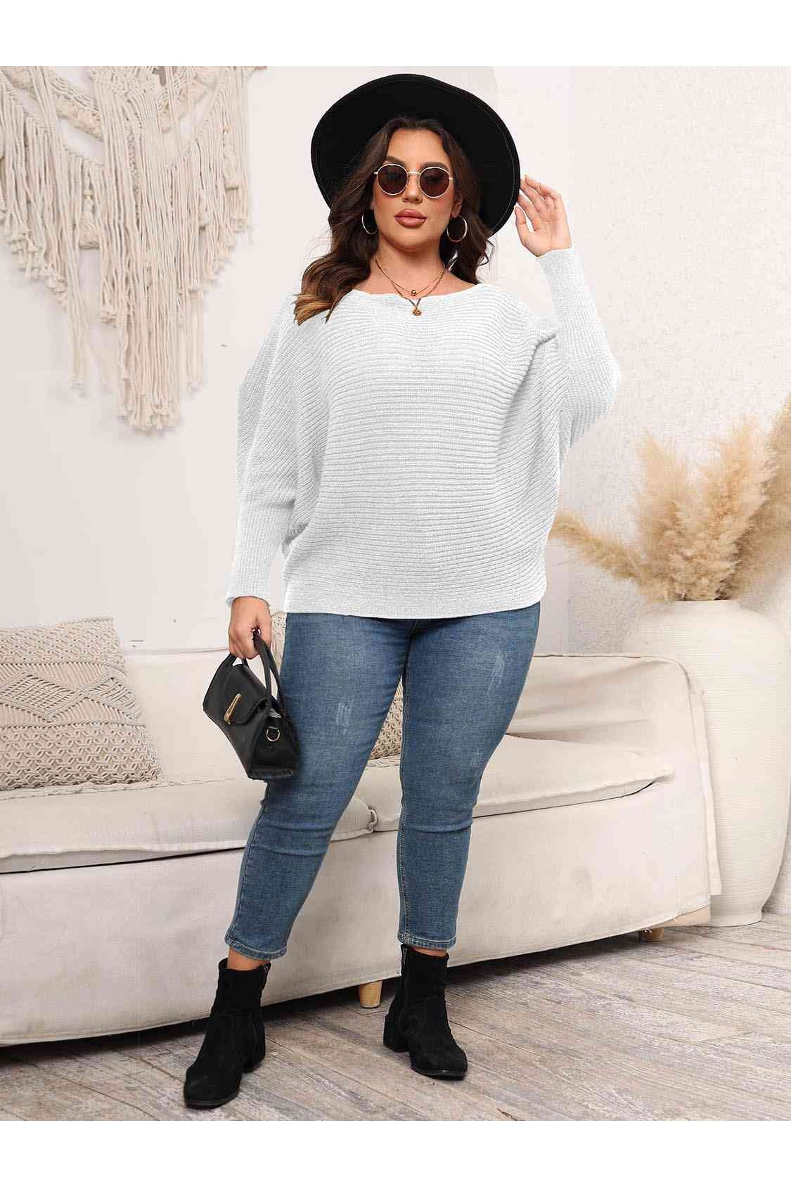 Full Size Women Boat Neck Batwing Sleeve Sweater nicholesgifts