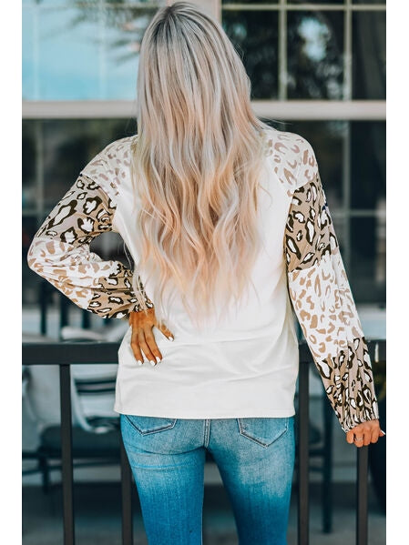 Women Leopard Round Neck Dropped Shoulder T-Shirt nicholesgifts