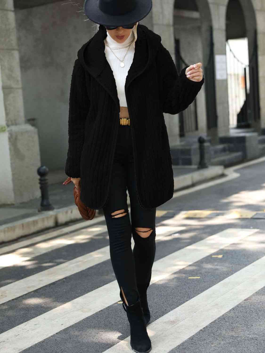 Women Open Front Ribbed Hooded Coat