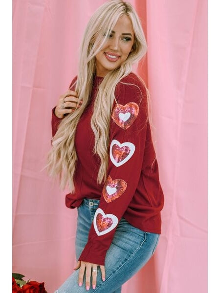 Women Heart Sequin Round Neck Long Sleeve Valentine's Day T-Shirt nicholesgifts