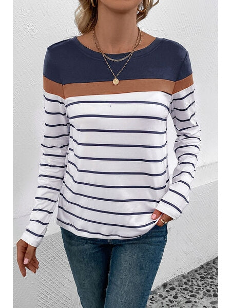 Women Striped Round Neck Long Sleeve T-Shirt nicholesgifts