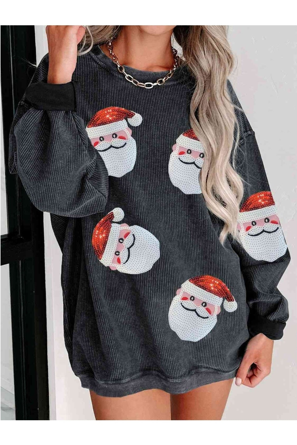 Women Sequin Santa Patch Ribbed Christmas Sweatshirt nicholesgifts