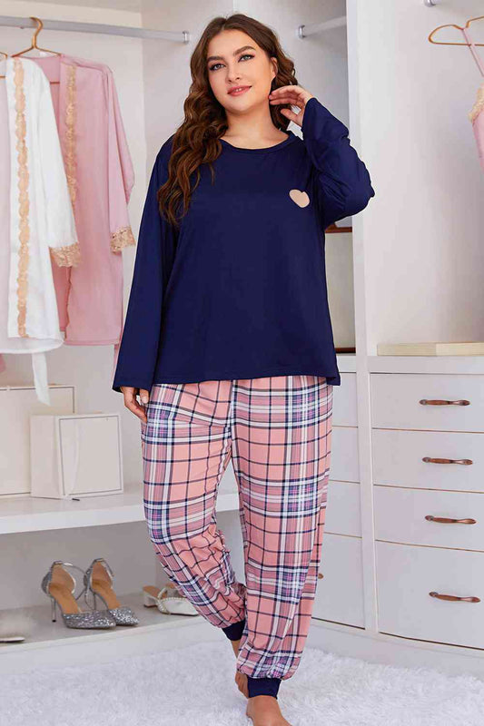 Plus Size Women Heart Graphic Top and Plaid Joggers Lounge Set