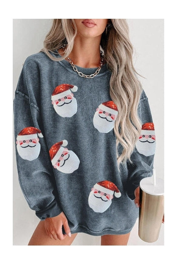 Women Sequin Santa Patch Ribbed Christmas Sweatshirt nicholesgifts