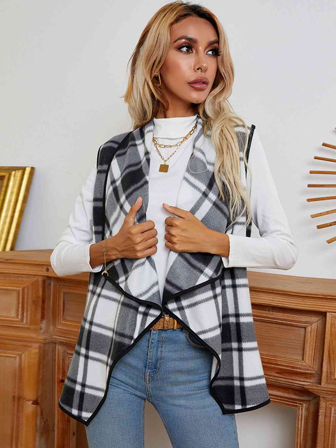 Women Plaid Open Front Vest nicholesgifts