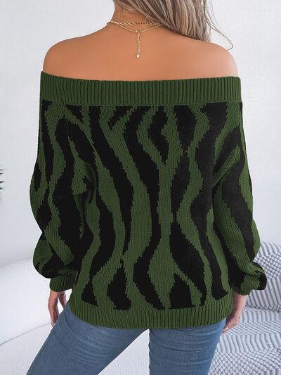 Women Off-Shoulder Animal Print Long Sleeve Sweater nicholesgifts