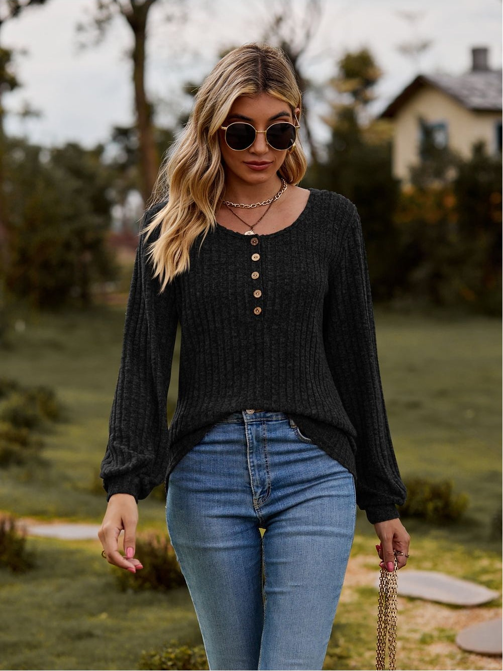 Women Round Neck Button-Down Long Sleeve Tee nicholesgifts