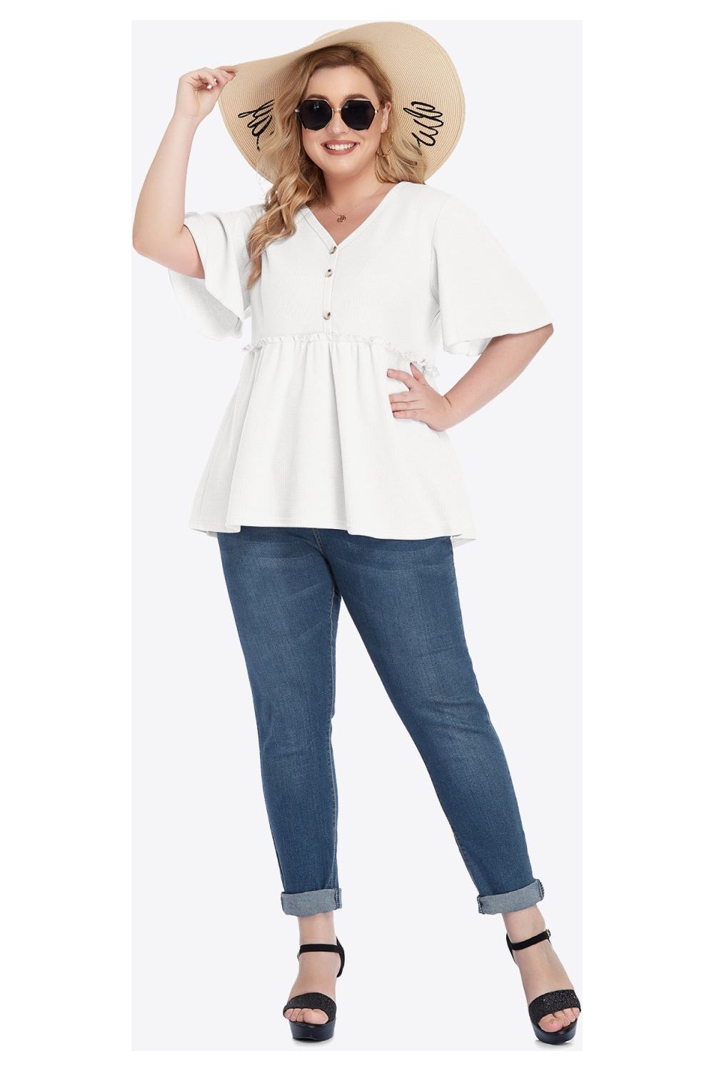 Plus Size Women Buttoned V-Neck Frill Trim Babydoll Blouse nicholesgifts