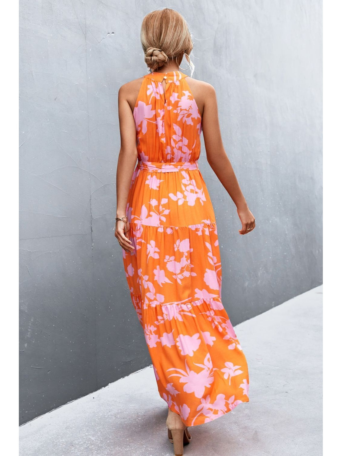 Women Printed Sleeveless Tie Waist Maxi Dress nicholesgifts