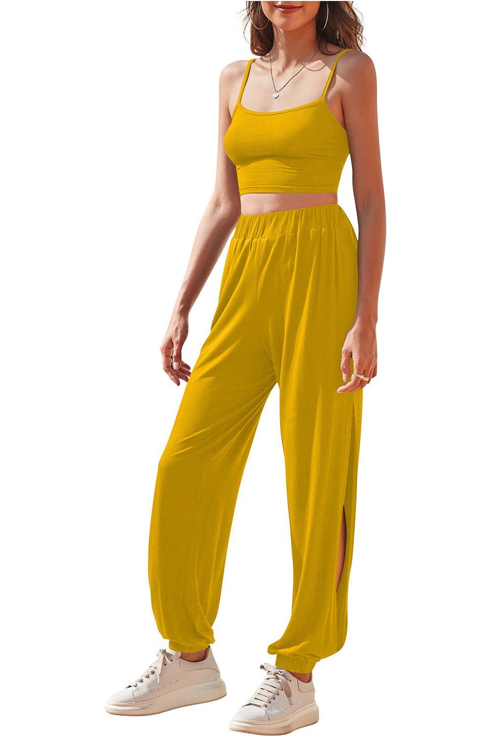 Women Cropped Cami and Side Split Joggers Set