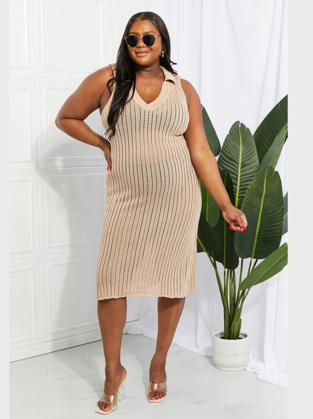 Women Openwork Johnny Collar Cover Up Dress nicholesgifts
