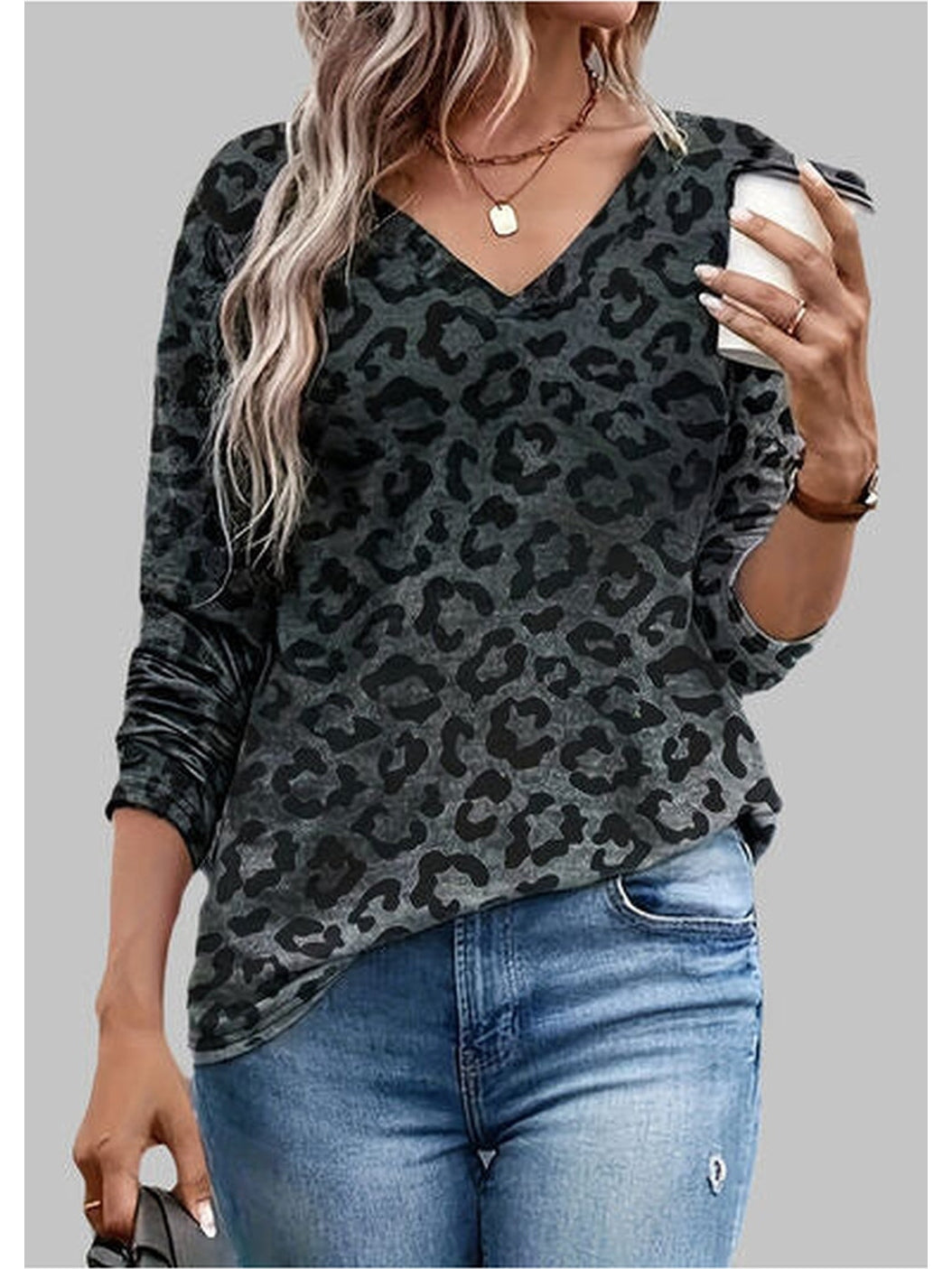 Women Leopard V-Neck Long Sleeve T-Shirt nicholesgifts