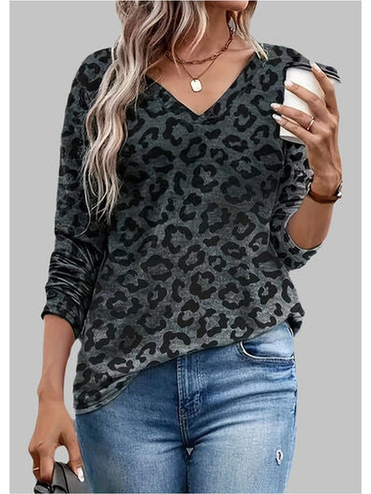 Women Leopard V-Neck Long Sleeve T-Shirt nicholesgifts