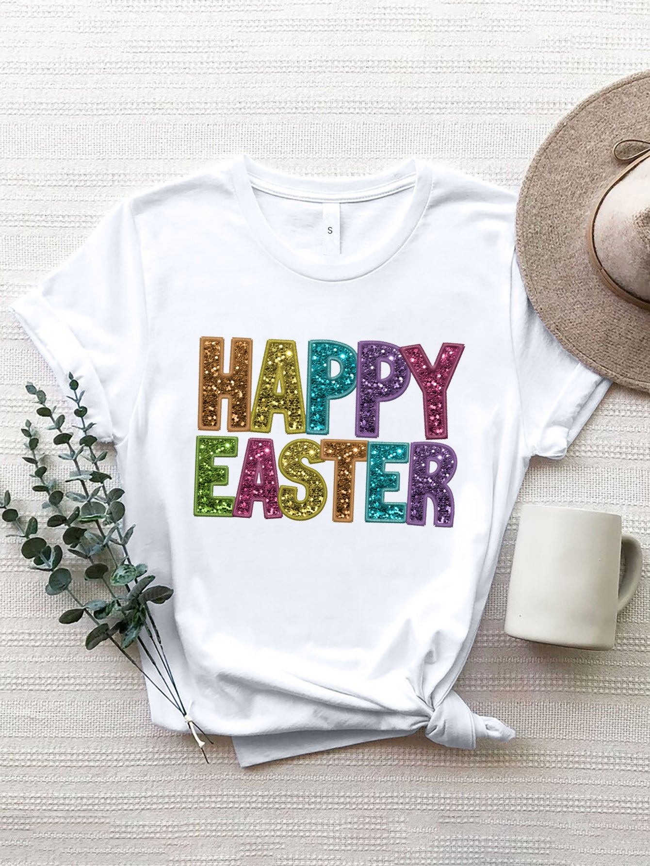 Women Happy Easter Round Neck Short Sleeve T-Shirt nicholesgifts