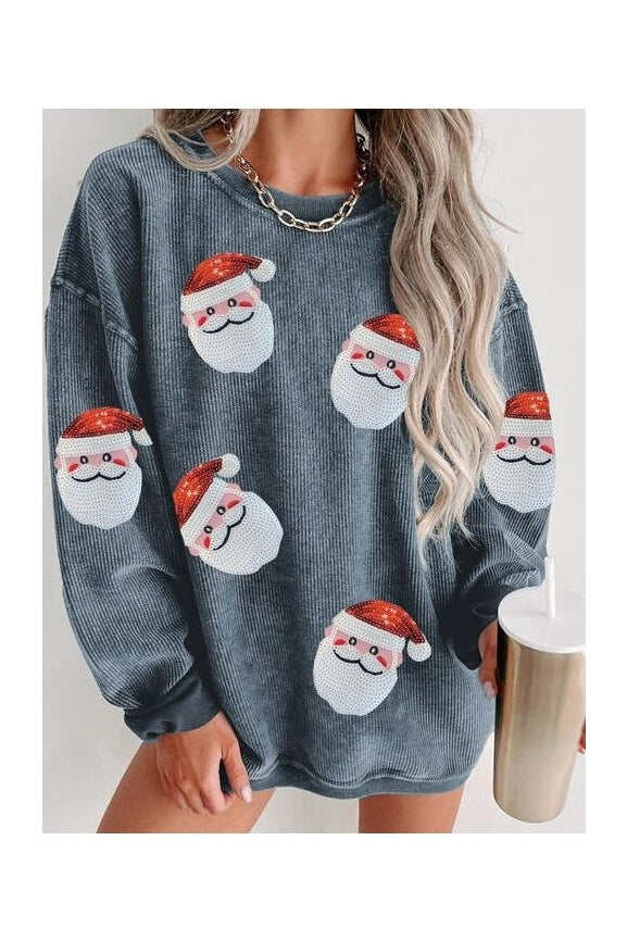 Women Sequin Santa Patch Ribbed Christmas Sweatshirt nicholesgifts