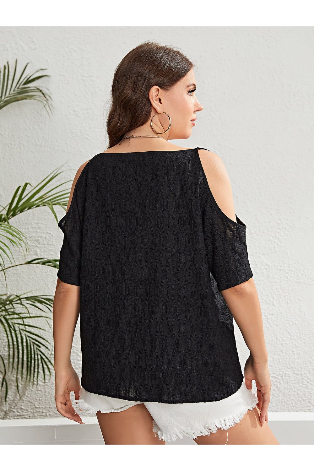 Women Plus Size Boat Neck Black Cold-Shoulder Blouse nicholesgifts