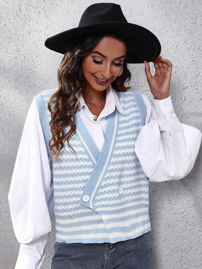 Women Striped Button Up V-Neck Sweater Vest nicholesgifts