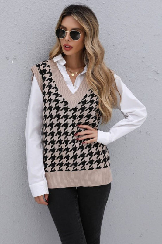 Women Houndstooth V-Neck Knit Vest nicholesgifts