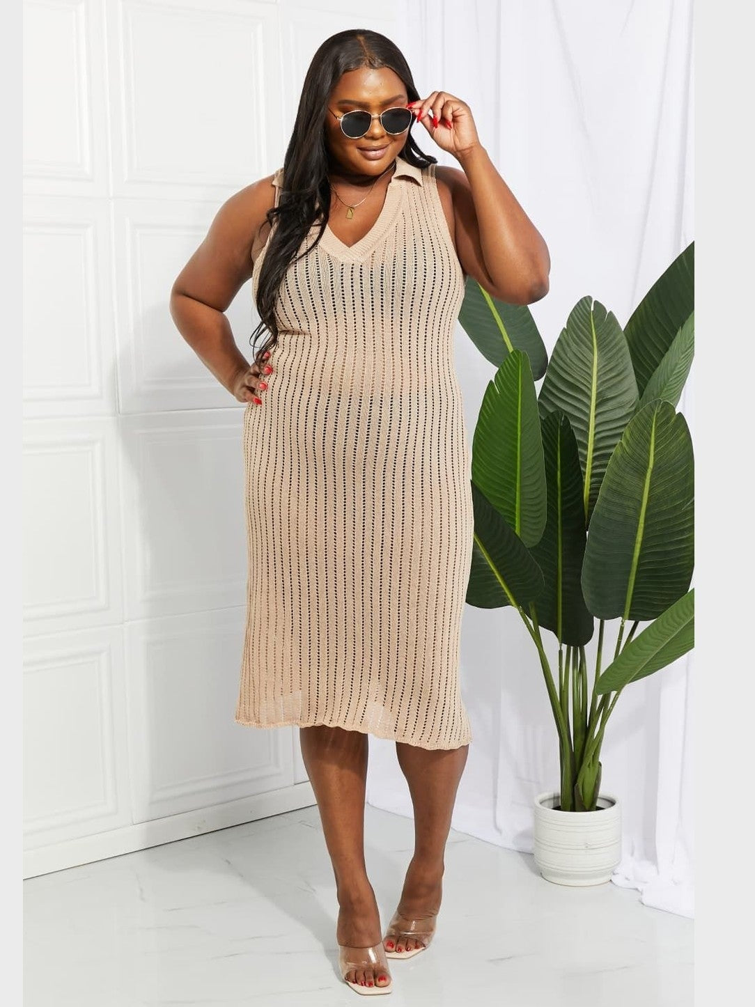 Women Openwork Johnny Collar Cover Up Dress nicholesgifts