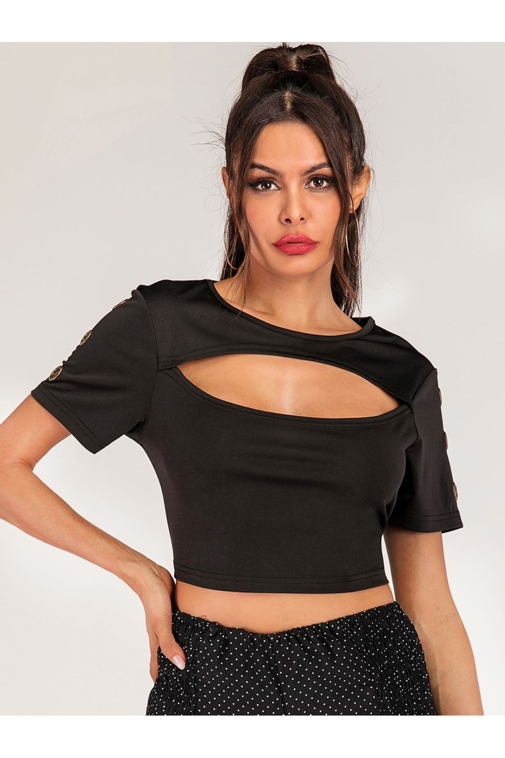 Women Cutout Grommet Detail Cropped Tee nicholesgifts