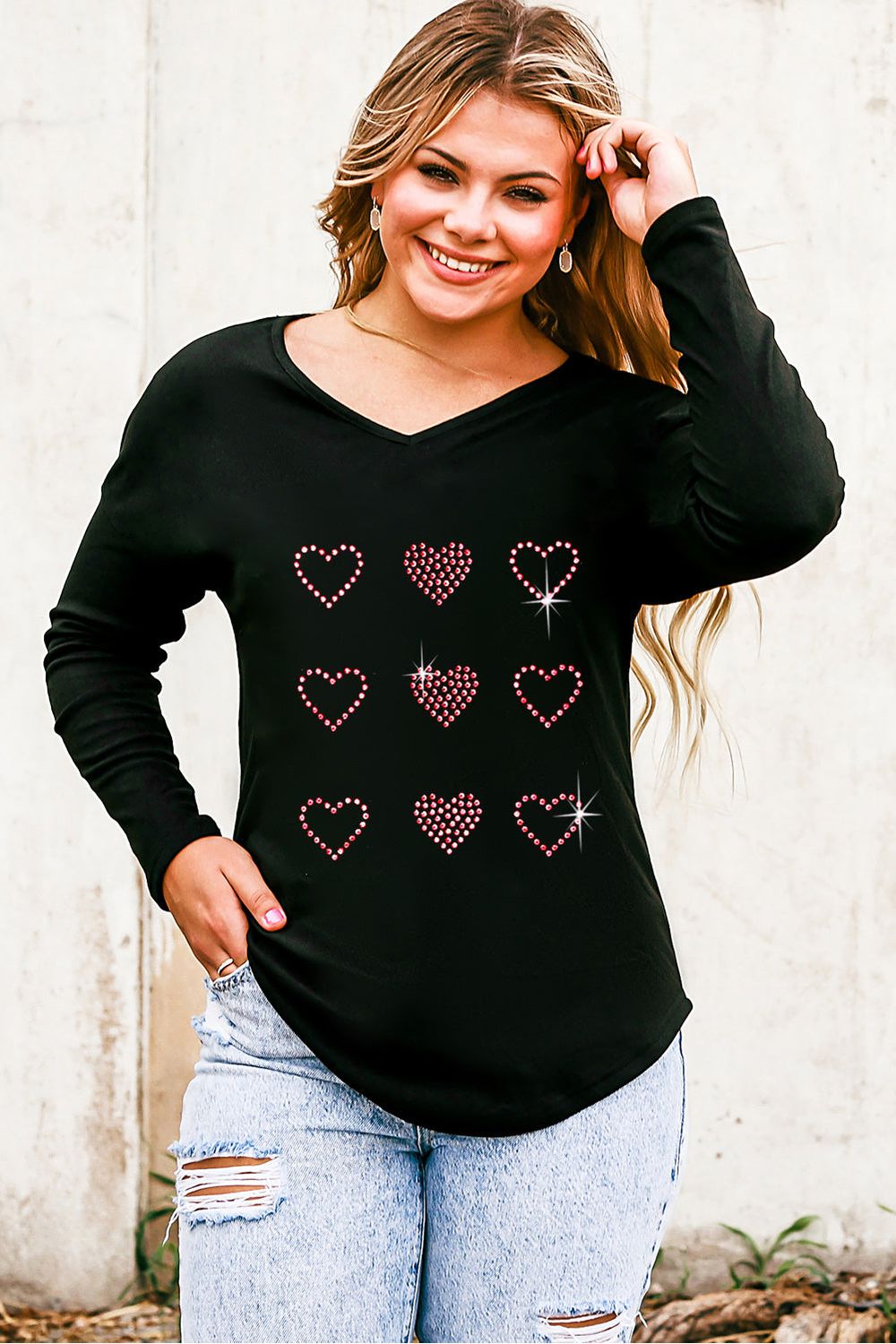 Women Heart V-Neck Long Sleeve Tee nicholesgifts