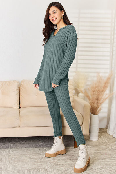 Women Full Size Notched Long Sleeve Top and Pants Set nicholesgifts