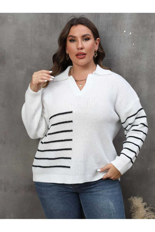 Plus Size Women Striped V-Neck Sweater