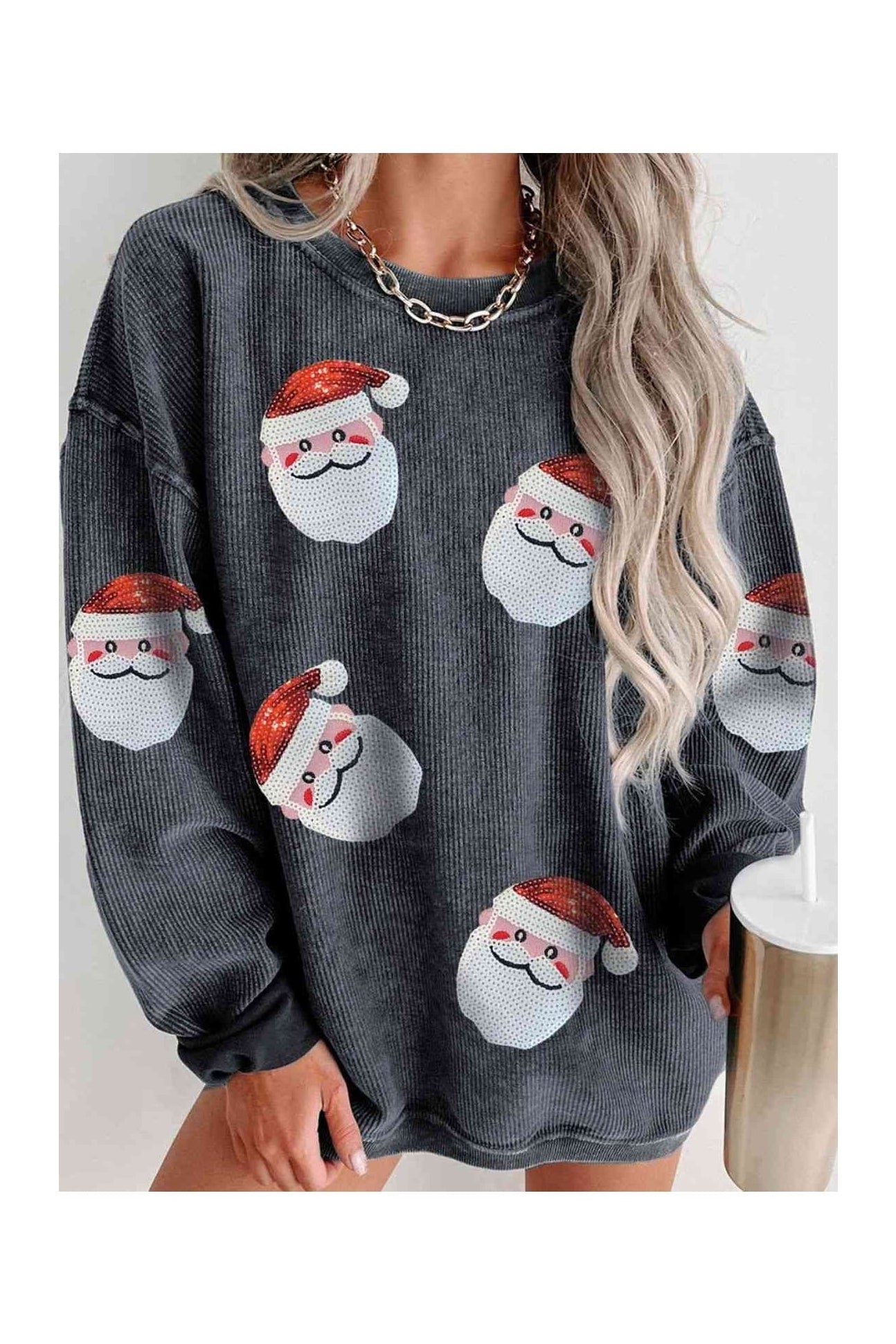 Women Sequin Santa Patch Ribbed Christmas Sweatshirt nicholesgifts