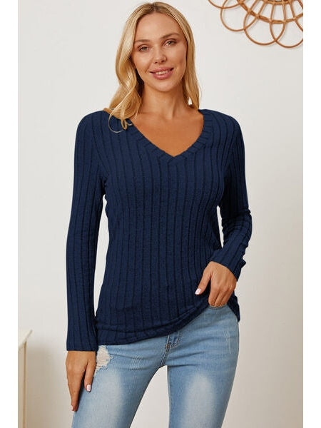 Women Basic Full Size Ribbed V-Neck Long Sleeve T-Shirt nicholesgifts