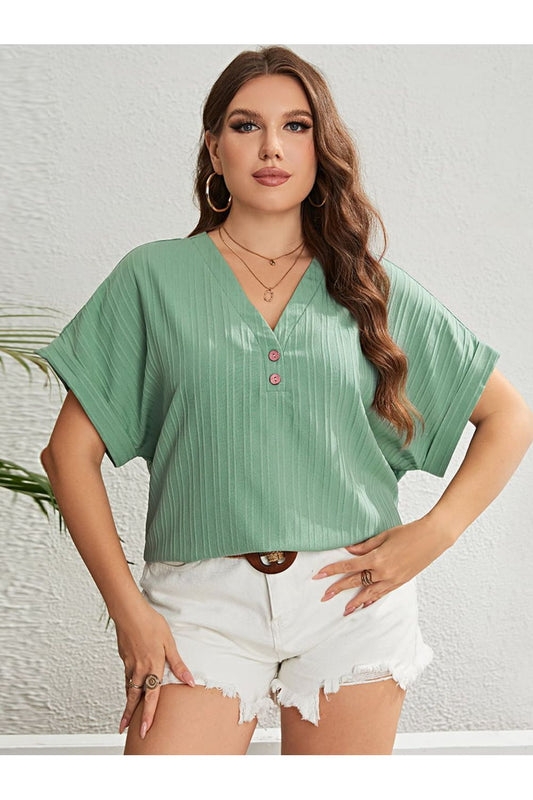 Plus Size Women Gum Leaf Colored Buttoned V-Neck Short Sleeve Top nicholesgifts