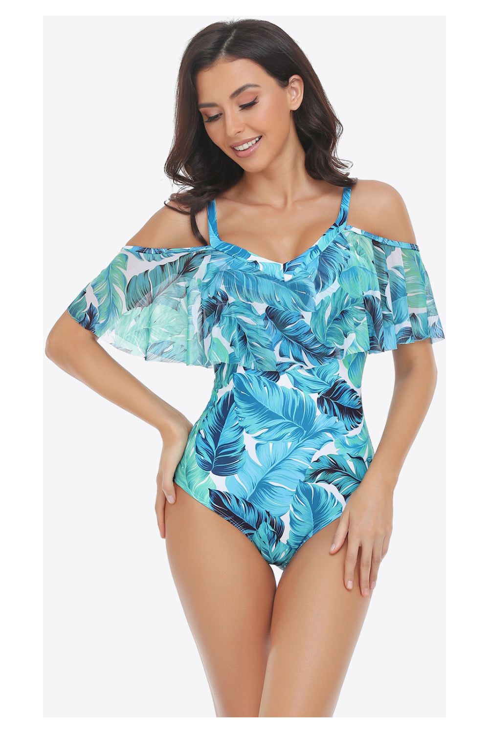 Women Botanical Print Cold-Shoulder Layered One-Piece Swimsuit