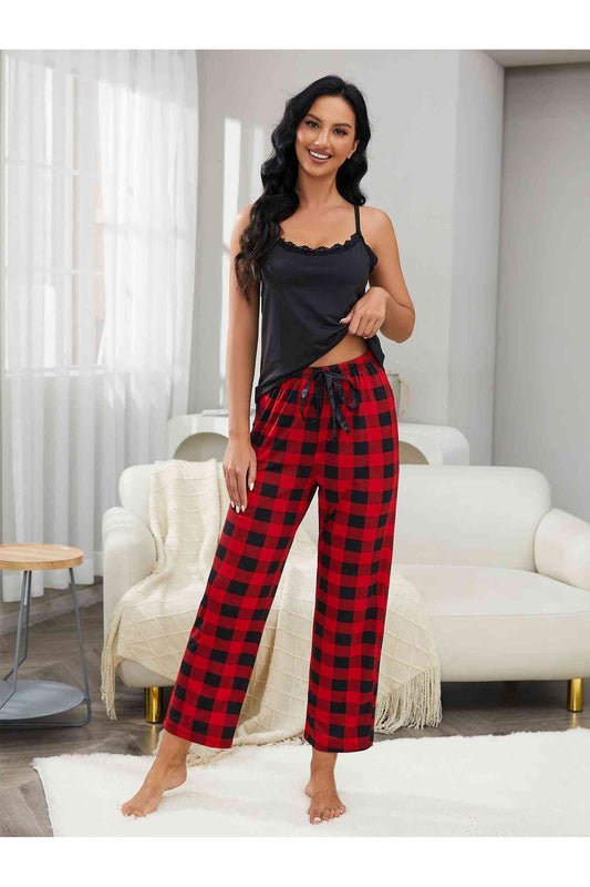 Lace Trim Cami and Plaid Pants Lounge Set nicholesgifts