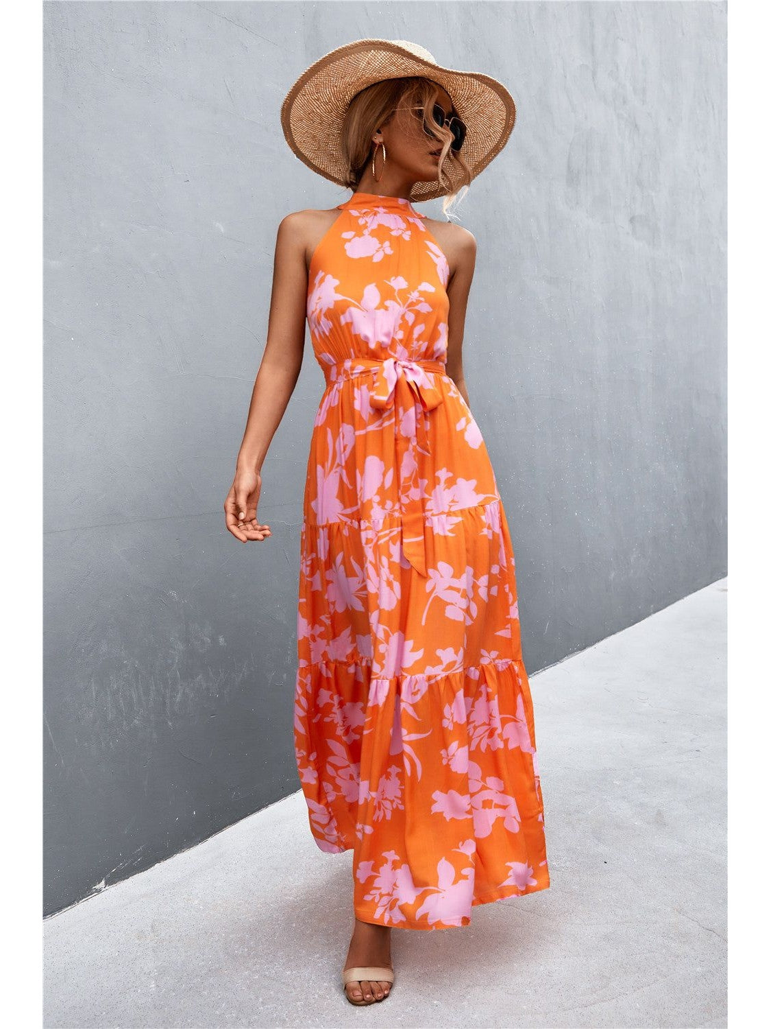 Women Printed Sleeveless Tie Waist Maxi Dress nicholesgifts