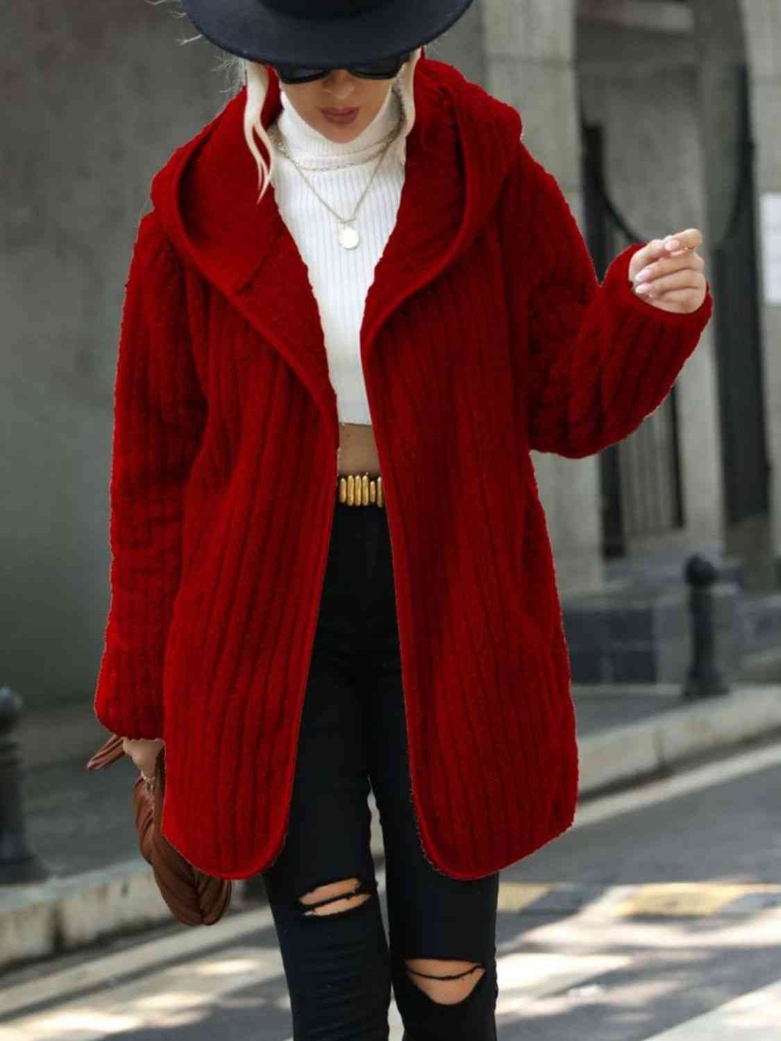 Women Open Front Ribbed Hooded Coat nicholesgifts