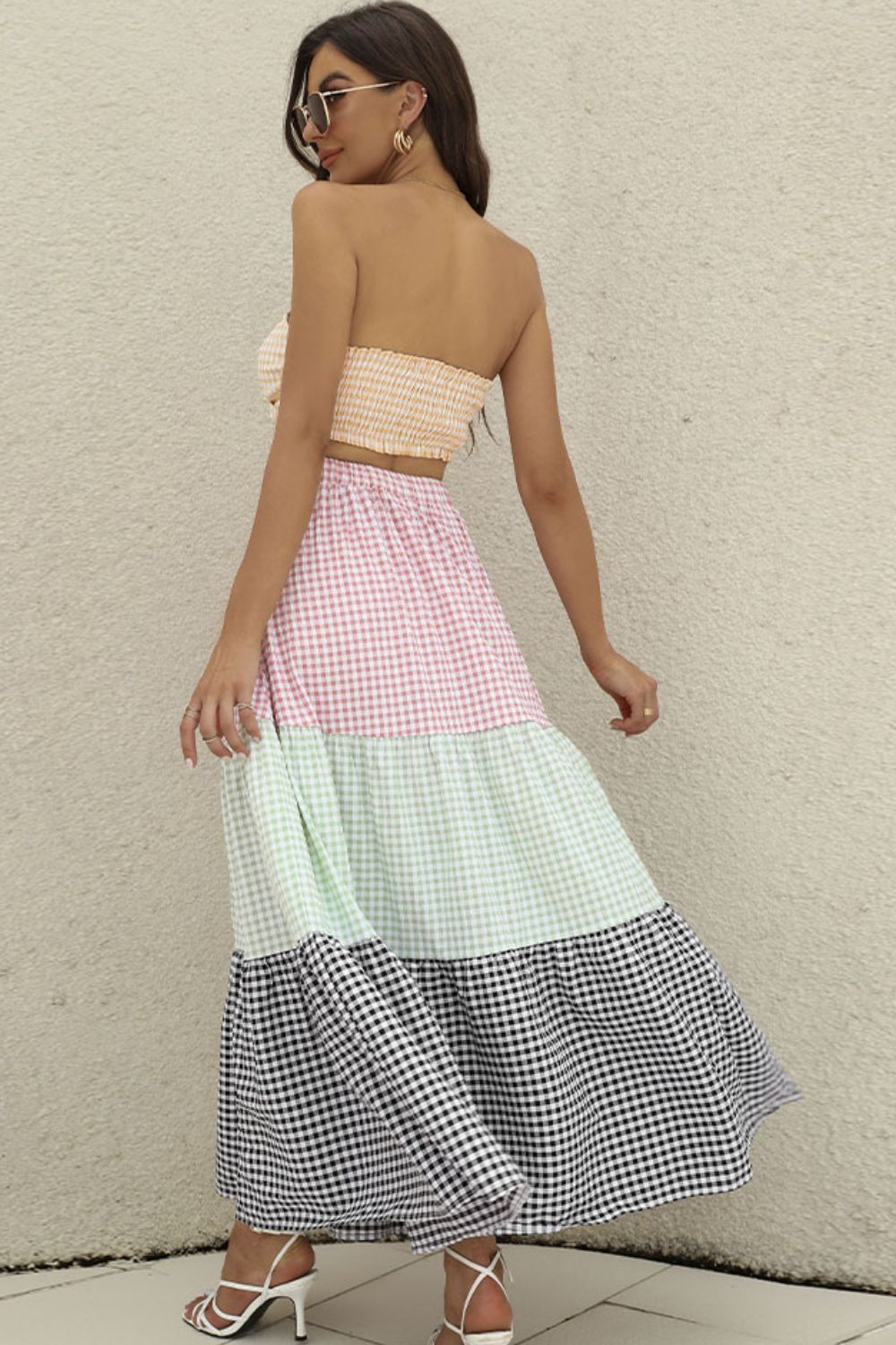 Women Plaid Strapless Top and Tiered Skirt Set