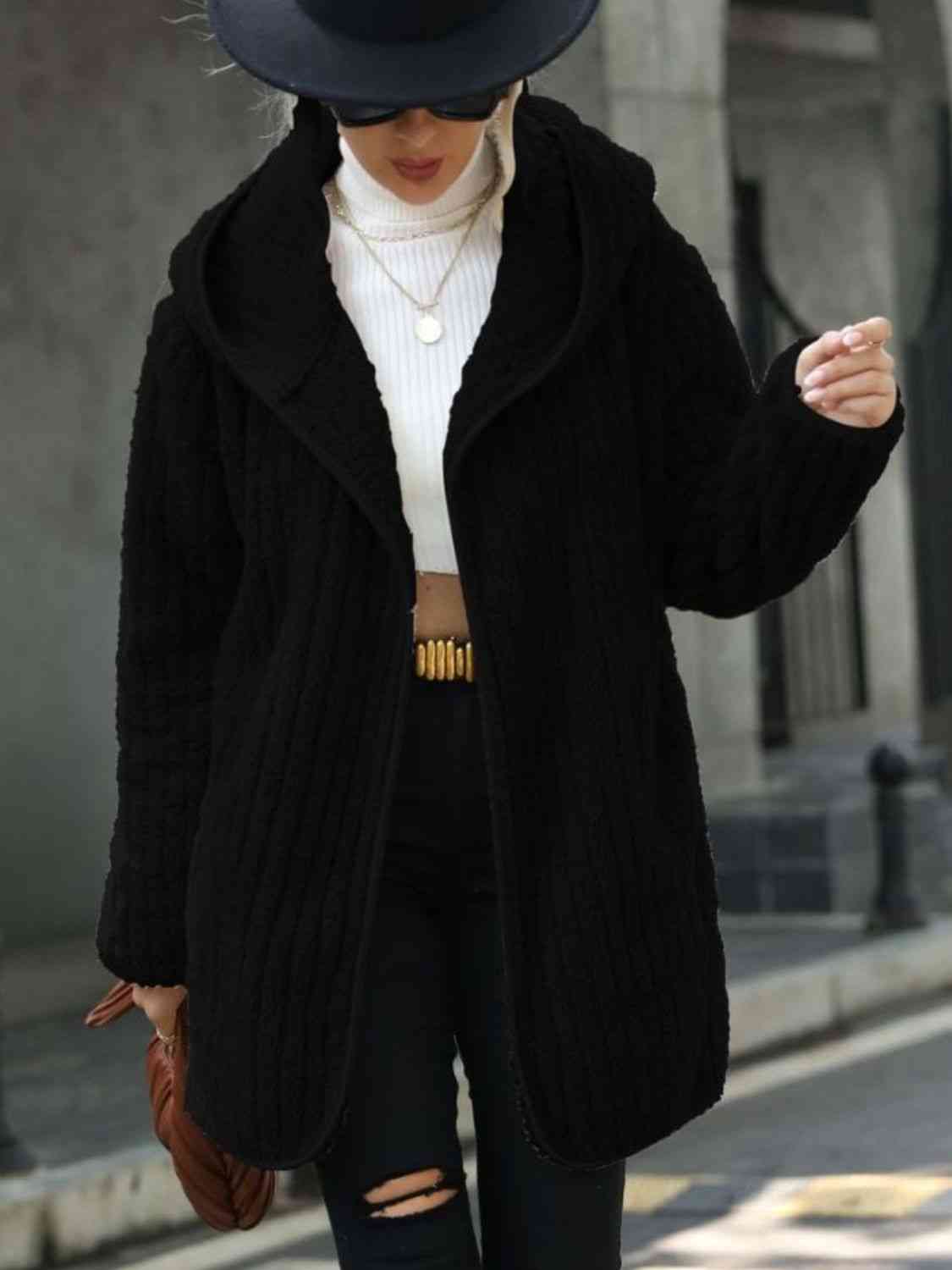 Women Open Front Ribbed Hooded Coat nicholesgifts