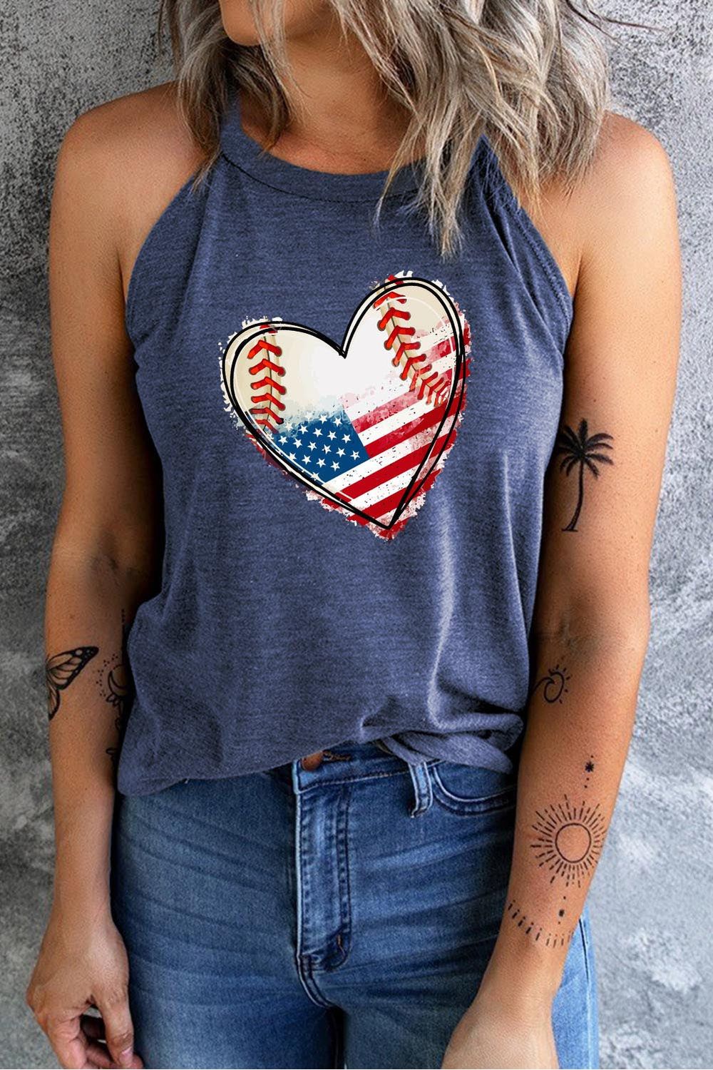 Women US Flag Heart Graphic Tank nicholesgifts