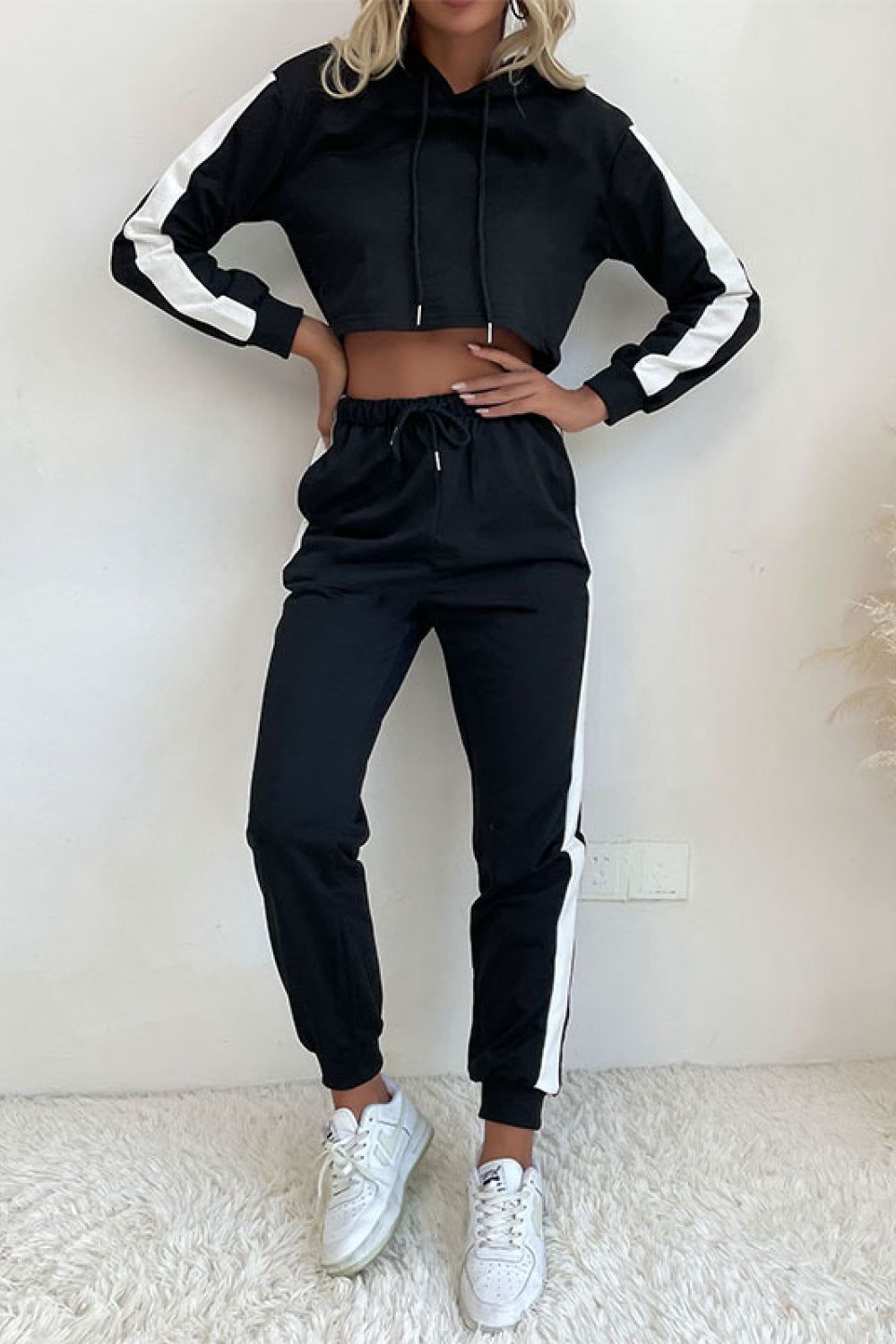 Women Side Stripe Cropped Hoodie and Jogger Set