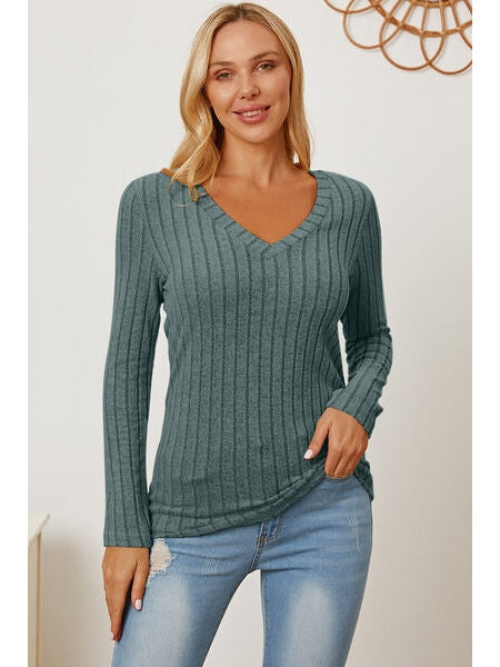 Women Basic Full Size Ribbed V-Neck Long Sleeve T-Shirt nicholesgifts