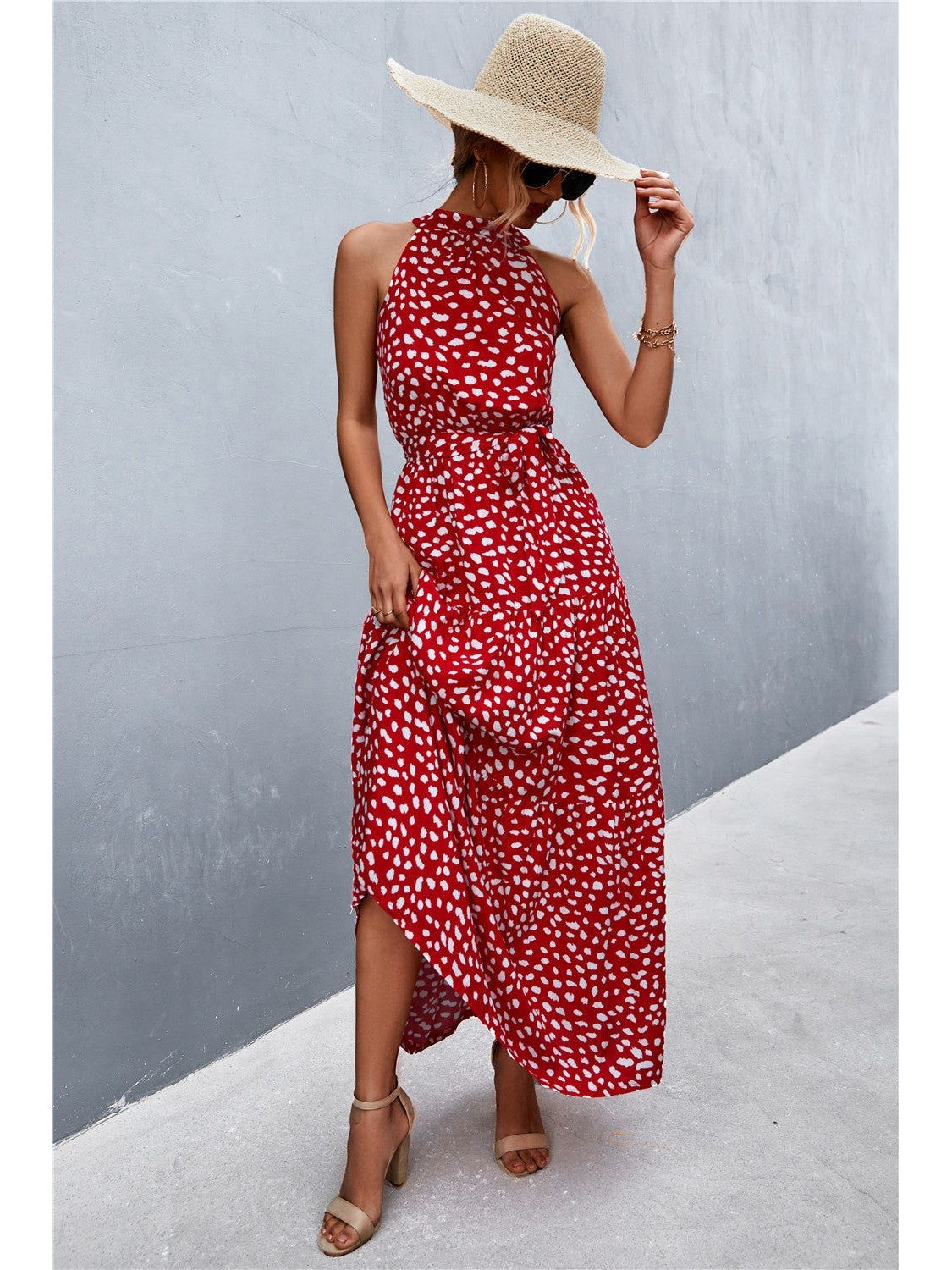 Women Printed Sleeveless Tie Waist Maxi Dress nicholesgifts