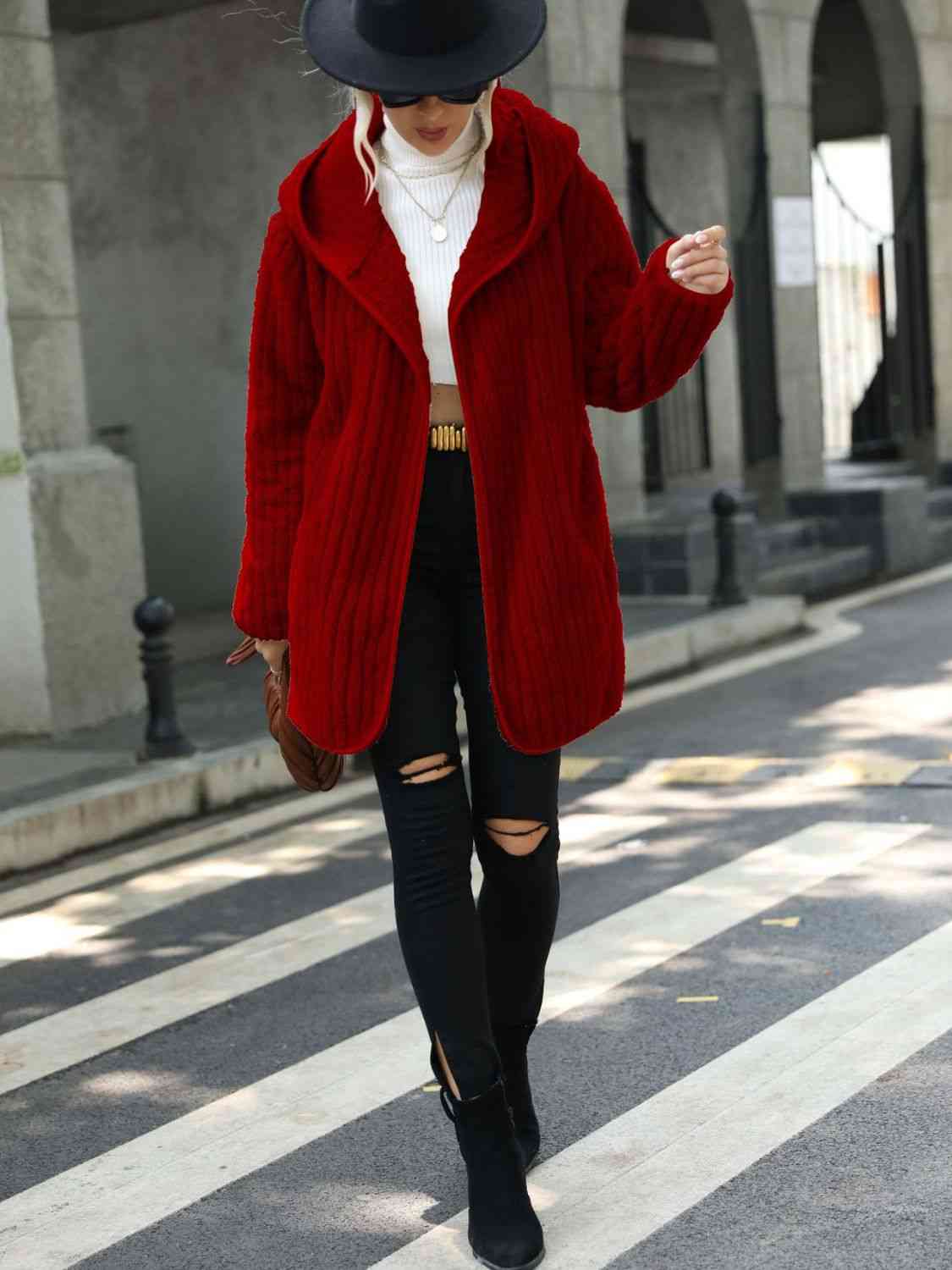 Women Open Front Ribbed Hooded Coat
