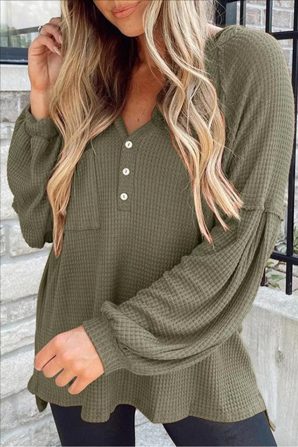 Women Puff Sleeve Side Slit Buttoned Waffle Knit Hoodie - NicholesGifts.online