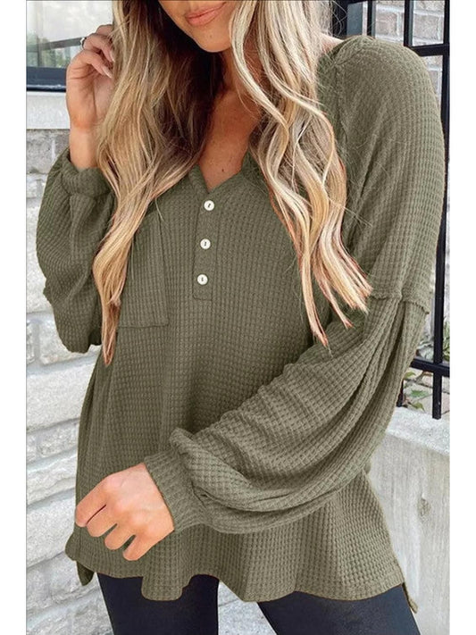 Women Puff Sleeve Side Slit Buttoned Waffle Knit Hoodie nicholesgifts