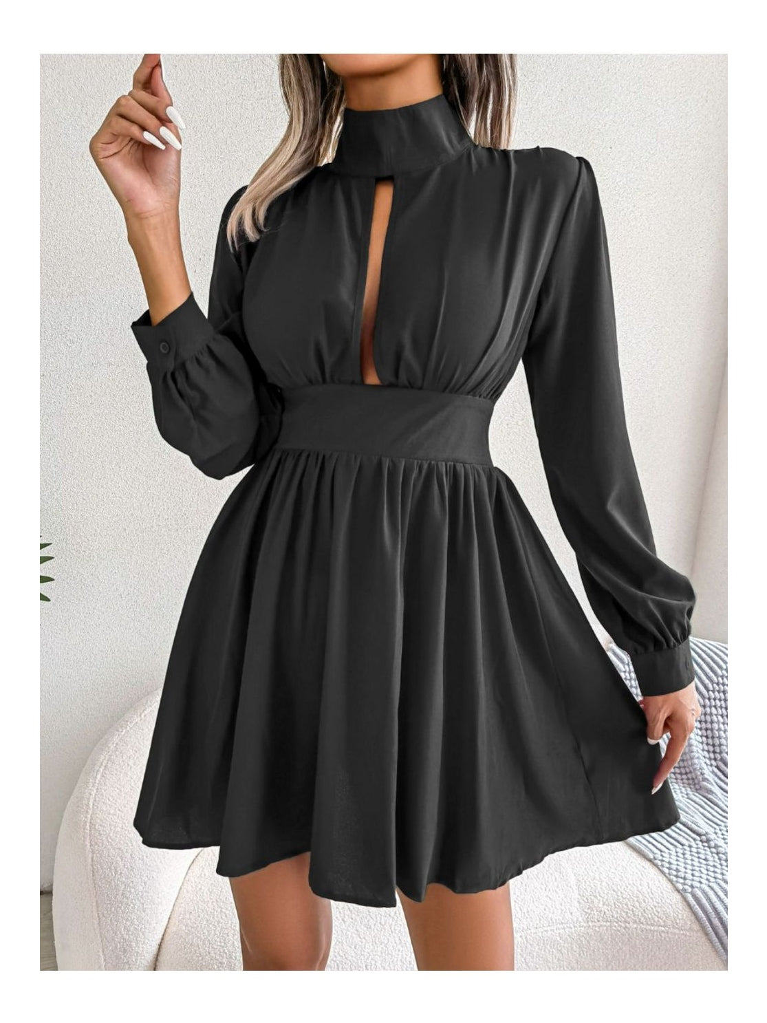 Women Cutout Turtleneck A-Line Mini Dress nicholesgifts