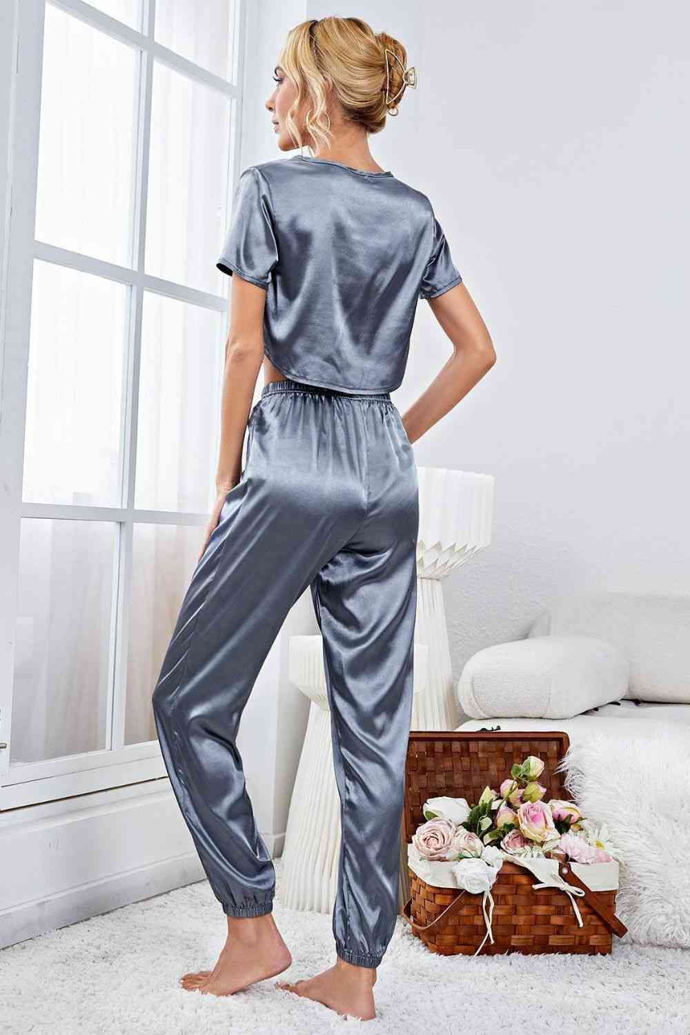 Women Satin Short Sleeve Crop Top and Joggers Lounge Set nicholesgifts